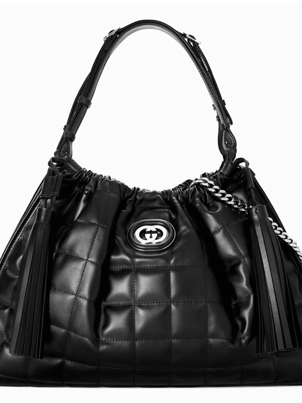 Gucci Matte Black Deco Quilted Leather Shoulder Bag with Leather Tassels